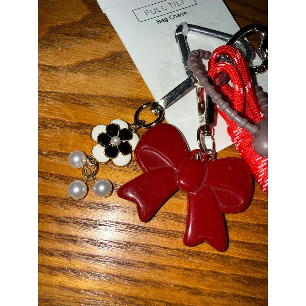 Full Tilt Red Tweed Heart Bow Flower Bag Charm Keyring G Initial Faux Pearl NWT